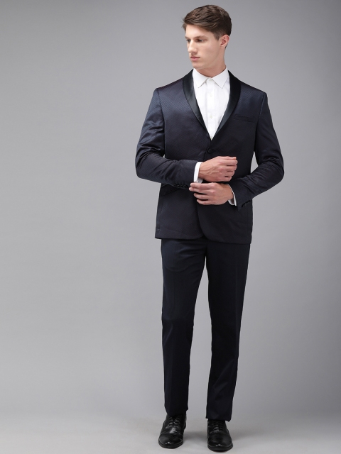 

Van Heusen Men Navy Blue & Maroon Slim Fit Self-Design Single-Breasted 2-Piece Party Suit