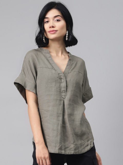 

Marks & Spencer Grey Mandarin Collar Linen Boxy Top