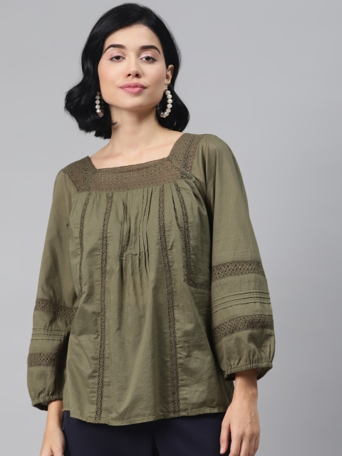 

Marks & Spencer Olive Green Puff Sleeves Pure Cotton Top With Lace Inserts
