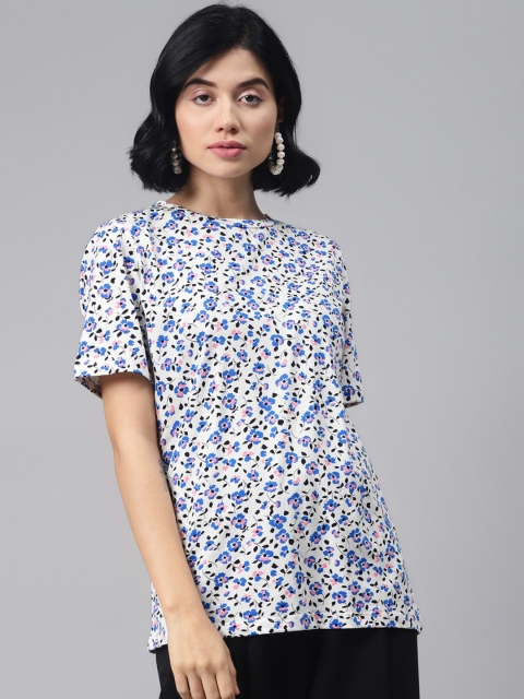 

Marks & Spencer Blue & Off-White Pure Cotton Floral Print Top