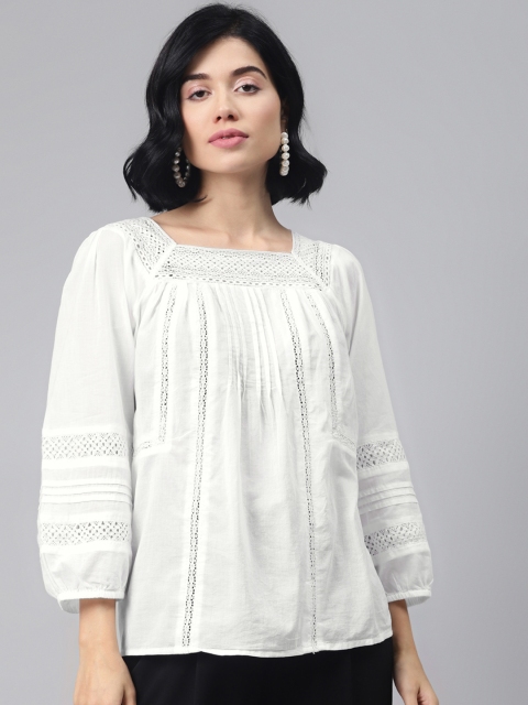 

Marks & Spencer White Puff Sleeves Pure Cotton Top With Lace Inserts