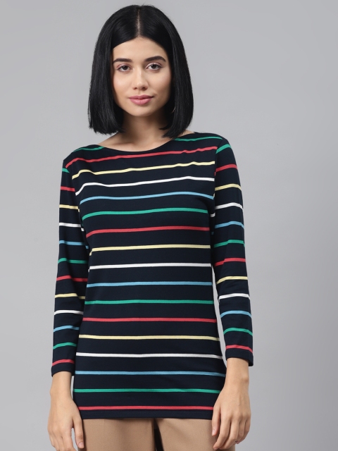 

Marks & Spencer Women Navy Blue & Yellow Striped Round Neck Knitted T-shirt