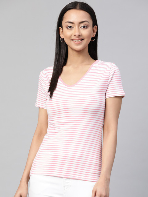 

Marks & Spencer Women White & Pink Striped V-Neck T-shirt