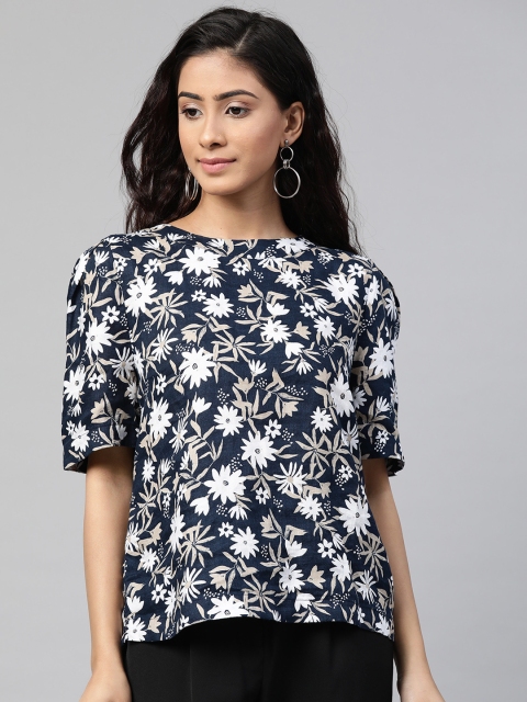 

Marks & Spencer Women Navy Blue & White Floral Printed Linen Top