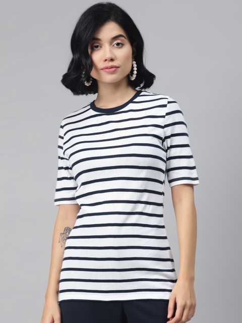 

Marks & Spencer Women White & Navy Blue Striped Pure Cotton Round Neck T-shirt