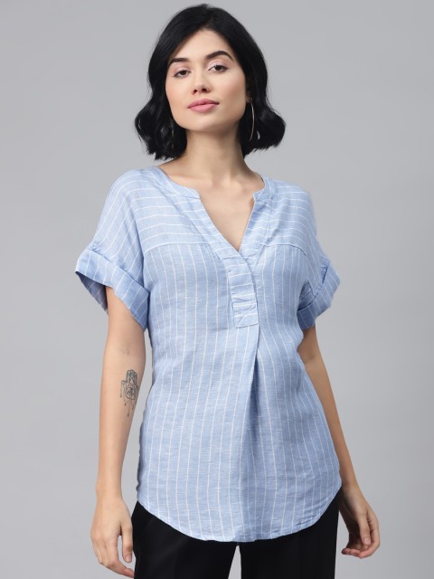 

Marks & Spencer Blue & White Striped Mandarin Collar Linen Top
