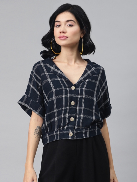 

Marks & Spencer Navy Blue & White Checked Shirt Style Crop Top