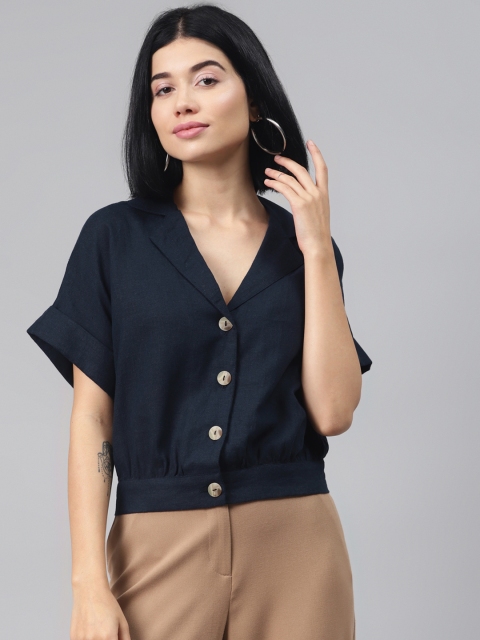 

Marks & Spencer Navy Blue Shirt Style Crop Top