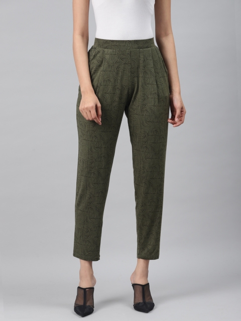 

Marks & Spencer Women Olive Green & Black Tapered Fit Printed Cropped Peg Trousers