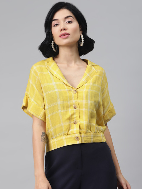 

Marks & Spencer Yellow & White Checked Shirt Style Crop Top