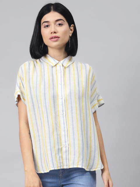 

Marks & Spencer Women Off-White & Yellow Regular Fit Striped Casual Shirt