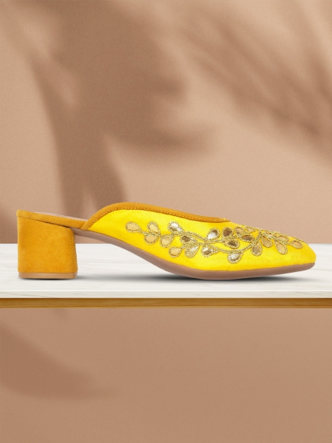 

House of Pataudi Women Mustard Yellow & Gold-Toned Embellished Handcrafted Heeled Mules