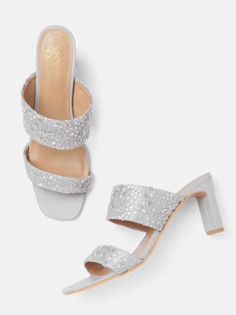 

House of Pataudi Women Grey Floral Embroidery Handcrafted Block Heels