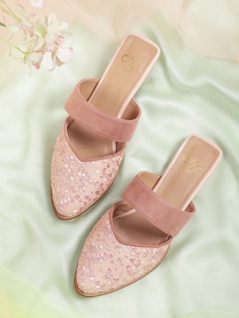 

House of Pataudi Women Pink Floral Embroidery Handcrafted Mules