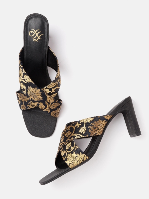 

House of Pataudi Women Black & Gold-Toned Ethnic Floral Pattern Handcrafted Block Heels