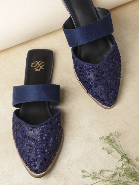 

House of Pataudi Women Navy Blue Embroidered Sequinned Handcrafted Mules