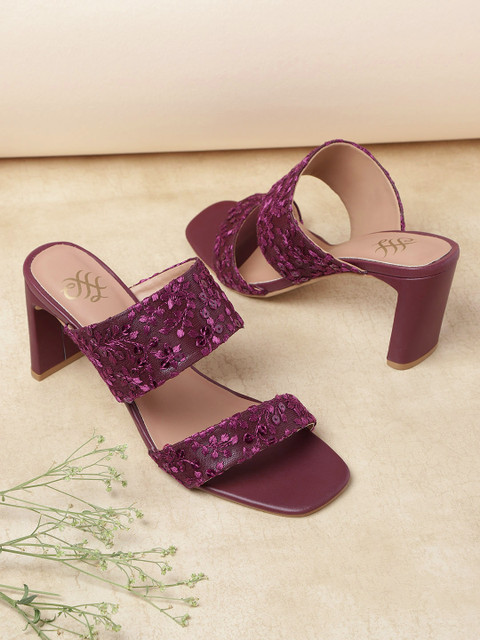 

House of Pataudi Women Burgundy Embroidered Sequinned Handcrafted Block Heels
