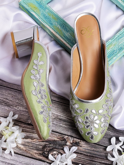 

House of Pataudi Women Mint Green & Silver-Toned Woven Design Handcrafted Heeled Mules