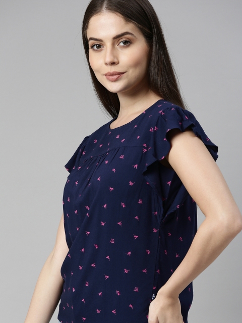 

Levis Navy Blue & Pink Floral Pint Flutter Sleeve Regular Top with Gathers