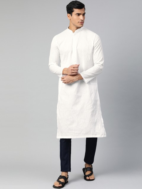 

Manthan Men White Striped Straight Kurta with Thread Work Detail