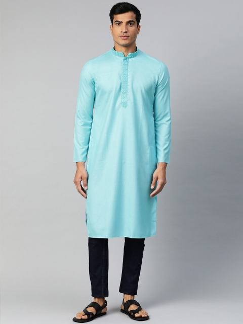 

Manthan Men Blue Solid Straight Kurta with Thread Work Detail