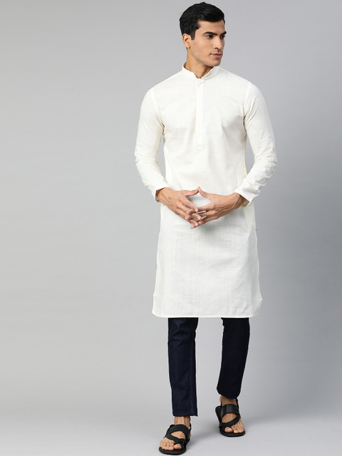 

Manthan Men Off-White Woven Design Straight Kurta with Thread Work Detail