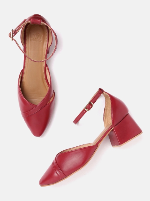 

her by invictus Women Red Solid Mid-Top Block Heels with Cut-Out Detail, Black