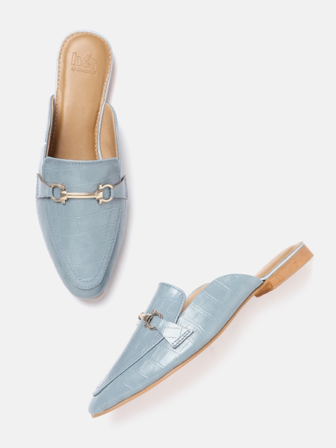 

her by invictus Women Blue Croc Textured Mules with Metallic Detail