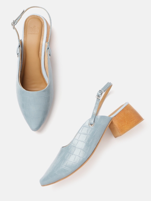 

her by invictus Women Blue Croc Textured Block Heeled Mules