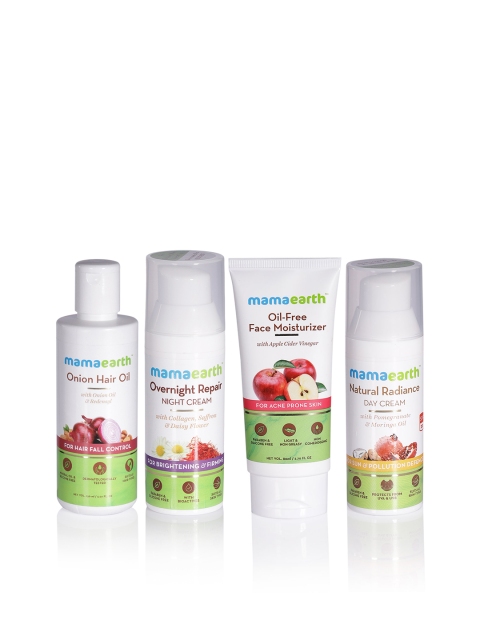 

Mamaearth Sustainable Set of Face Moisturizer, Hair Oil, Day Cream & Night Cream, White