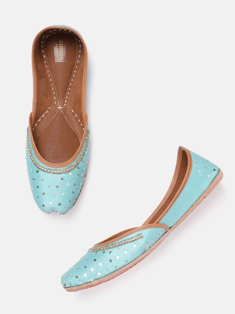 

Anouk Women Blue & Silver-Toned Sequinned & Studded Handcrafted Mojaris