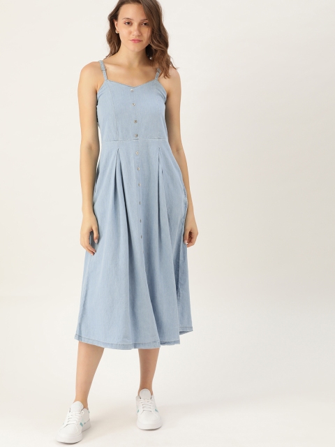 

DressBerry Blue Pure Cotton Solid Denim A-Line Midi Dress