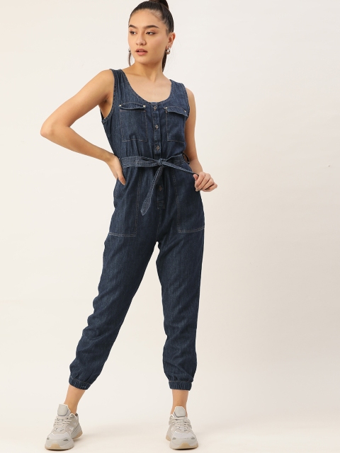 

DressBerry Navy Pure Cotton Solid Denim Basic Jumpsuit with Belt, Navy blue