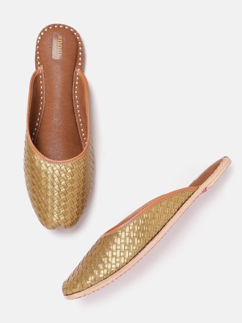 

Anouk Women Gold-Toned Basketweave Textured Handcrafted Mules with Glossy Finish