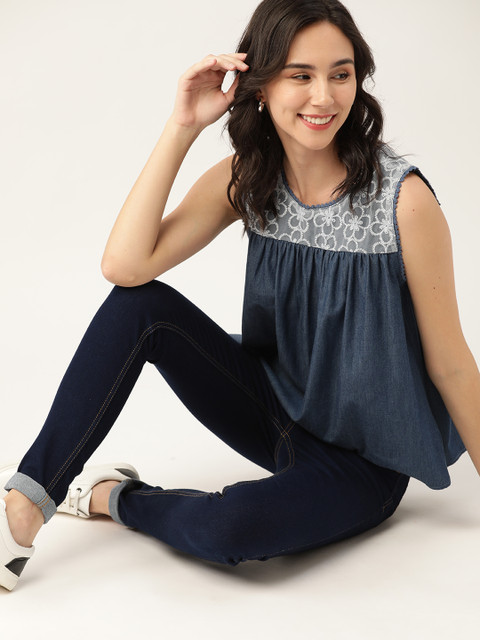 

DressBerry Navy Blue & White Cotton Lace Yoke A-Line Top