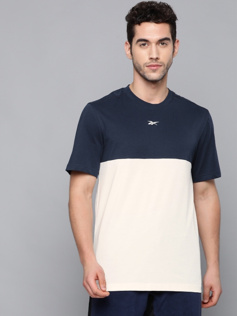 

Reebok Men White Navy Pure Cotton Colourblocked Training Pure Cotton T-shirt