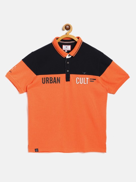 

Monte Carlo Boys Orange& Navy Blue Colourblocked Cotton Polo Collar T-shirt