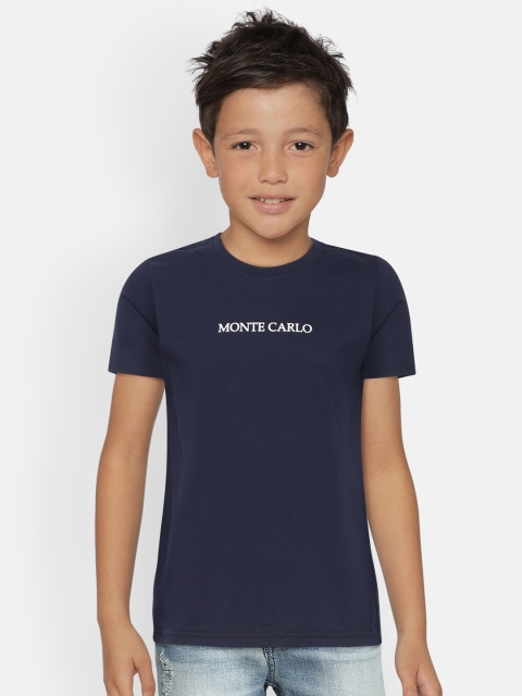 

Monte Carlo Boys Navy Blue Solid Pure Cotton Round Neck T-shirt with Printed Detail