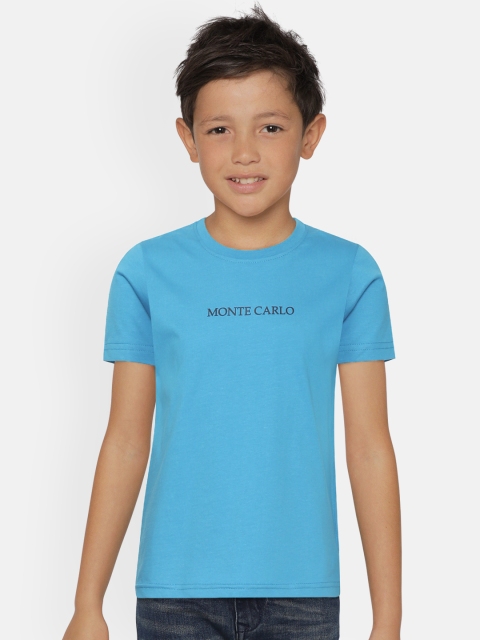 

Monte Carlo Boys Blue Solid Round Neck Cotton T-shirt with Brand Logo Print Detail
