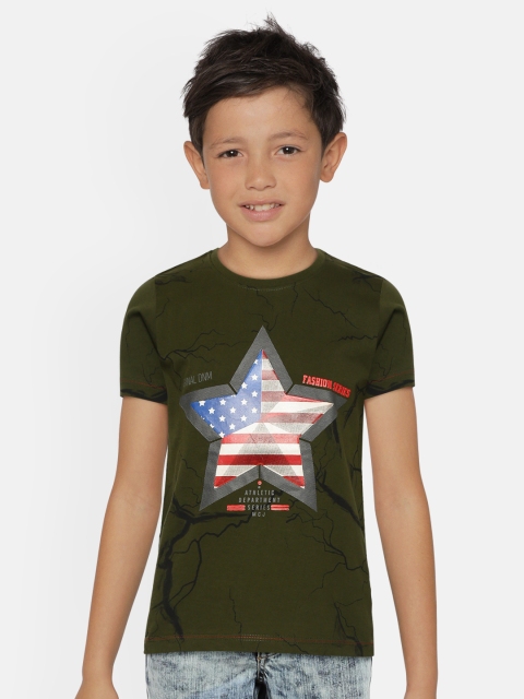 

Monte Carlo Boys Olive Green USA Flag Star Print Round Neck T-shirt