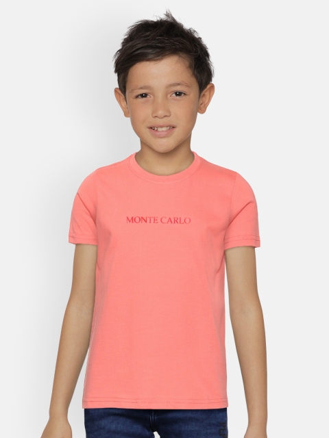 

Monte Carlo Boys Coral Pink Solid Round Neck T-shirt with Brand Logo Print Detail