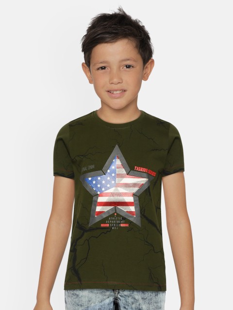 

Monte Carlo Boys Olive Green & White USA Flag Star Print Round Neck T-shirt