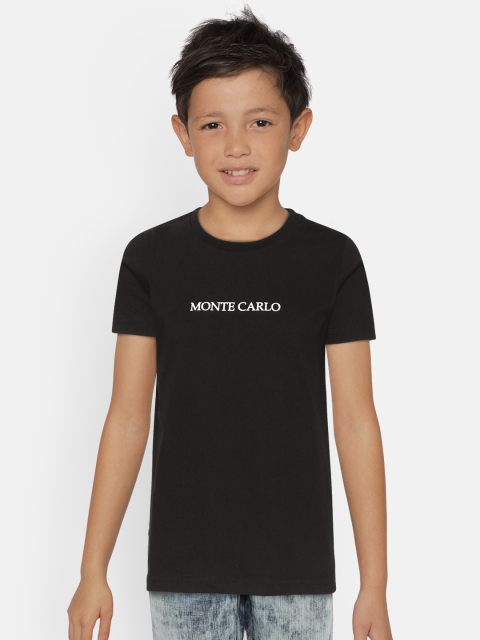 

Monte Carlo Boys Black Cotton Solid Round Neck T-shirt with Brand Logo Print Detail