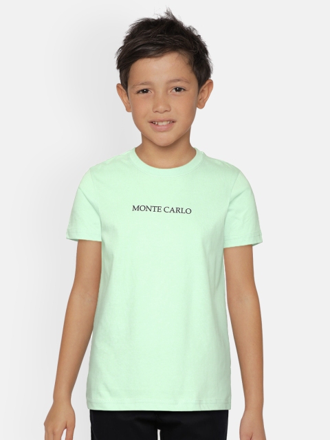 

Monte Carlo Boys Sea Green Cotton Solid Round Neck T-shirt with Brand Logo Print Detail