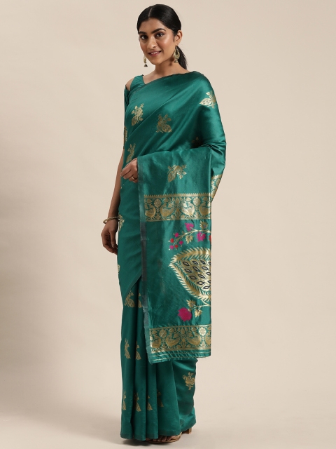 

Mitera Green & Golden Silk Blend Woven Design Celebrity Banarasi Zari Saree