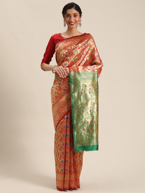 

Mitera Red & Golden Silk Blend Woven Design Kanjeevaram Saree