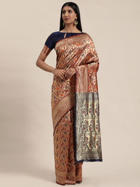 

Mitera Maroon & Gold-Toned Woven Design Banarasi Saree