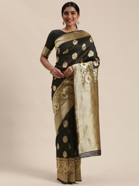 

Mitera Black & Gold-Toned Woven Design Kanjeevaram Saree
