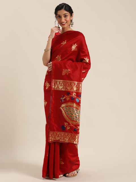 

Mitera Red & Golden Silk Blend Woven Design Kanjeevaram Saree