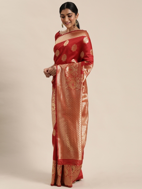 

Mitera Red & Golden Silk Blend Woven Design Celebrity Kanjeevaram Zari Saree
